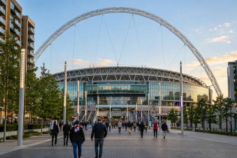 Wembley Stadium’s white arch rising above the exterior as supporters approach along Wembley Way