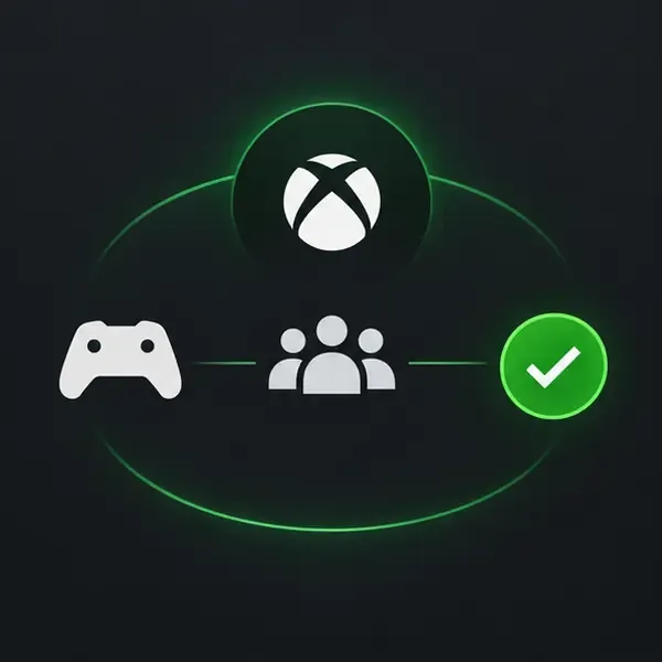 A simple Xbox multiplayer access illustration with a controller, group icon, and green checkmark