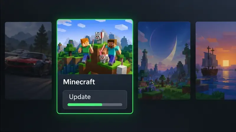 A Minecraft game tile highlighted in a console library with an update progress bar