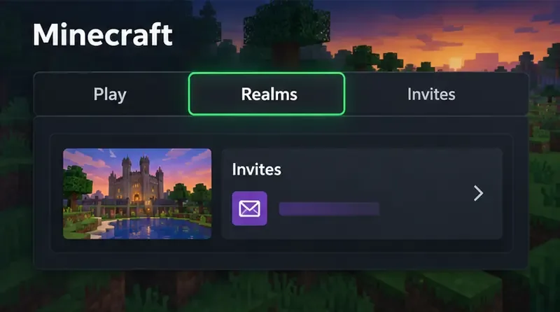 A Minecraft Bedrock Play menu with the Realms tab selected and an invitation card visible