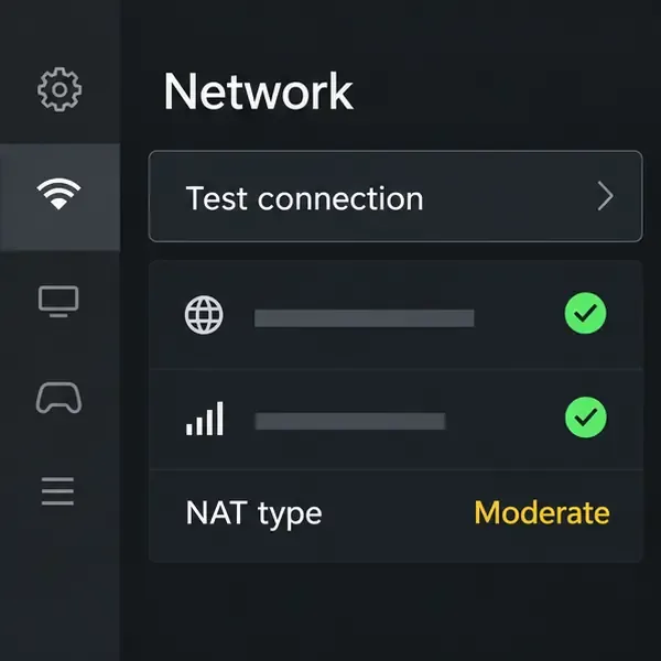 Xbox network settings with a successful connection test and Moderate NAT status