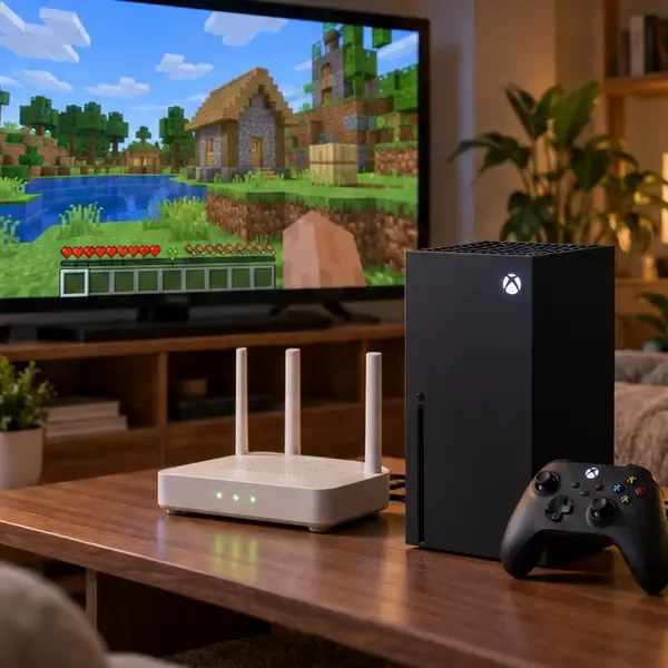 A home router and Xbox console beside a television showing a block-built game world