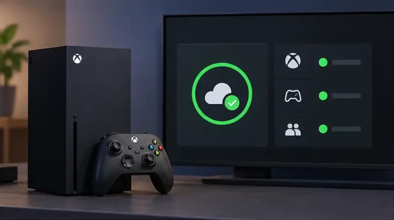 An Xbox console and controller beside a screen with green service indicators
