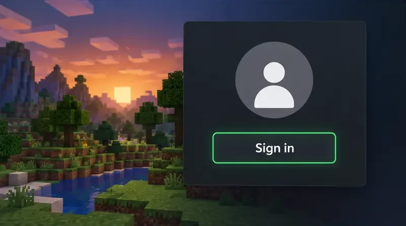 A generic Minecraft profile panel with a sign-in button over a block-built landscape