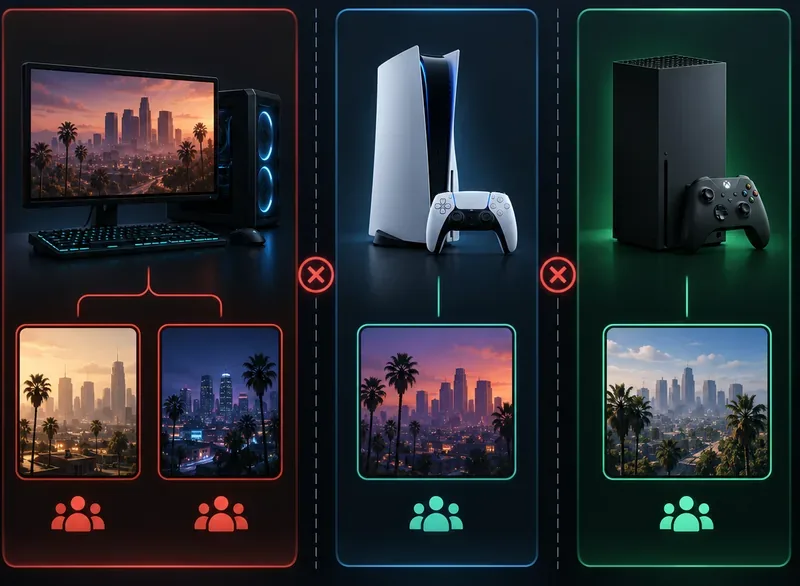ภาพประกอบแสดงการแยกแพลตฟอร์มเกม PC, PlayStation และ Xbox โดยเวอร์ชัน PC จะแสดงอยู่ในเส้นทางที่แยกต่างหาก