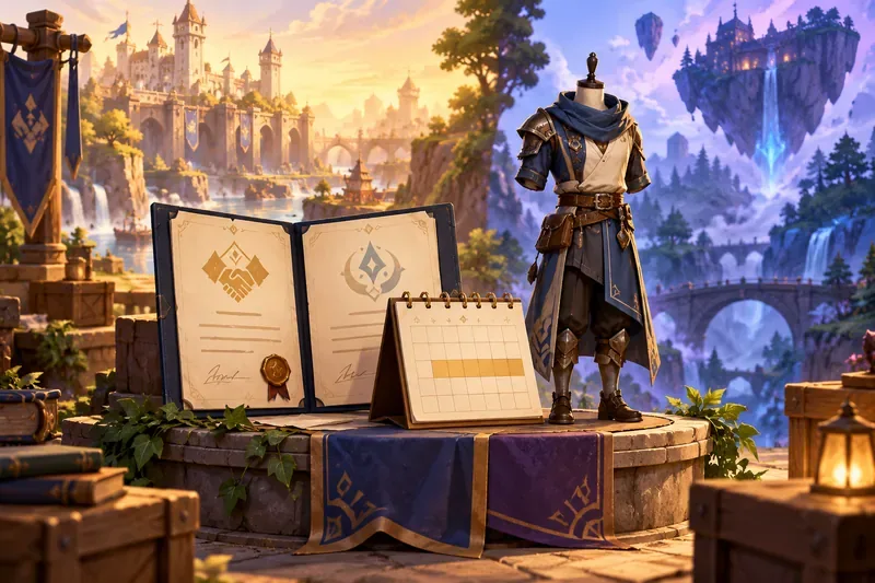 An original fantasy outfit stands beside a blank calendar and an open agreement folder between two fictional worlds.