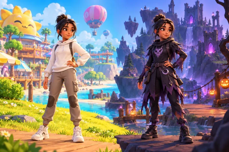 The same original avatar appears in casual clothing on a bright island and in a spooky costume on a darker island.