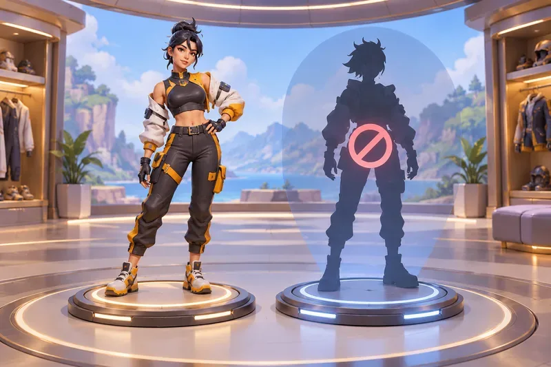Two original game outfits displayed in a fictional locker, with one shown behind an access restriction symbol.