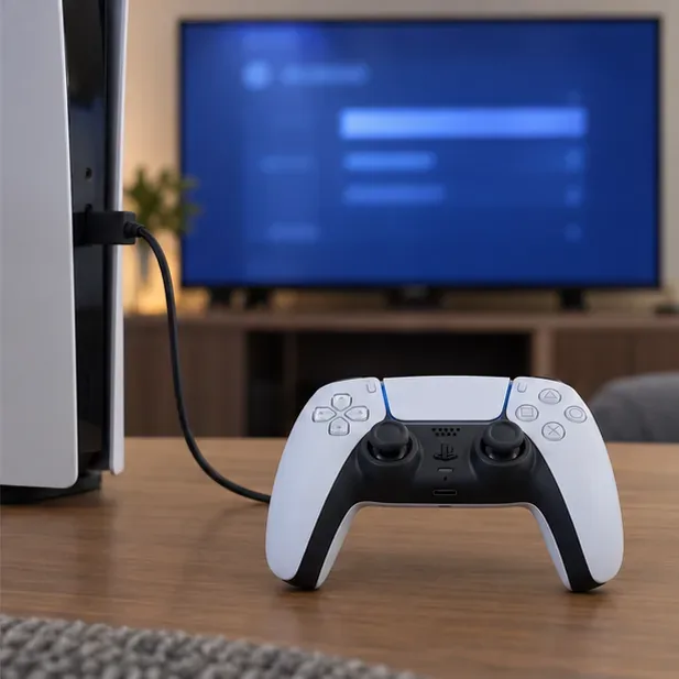 A DualSense-style controller is connected by cable to a PS5 beside a softly blurred blue settings screen.