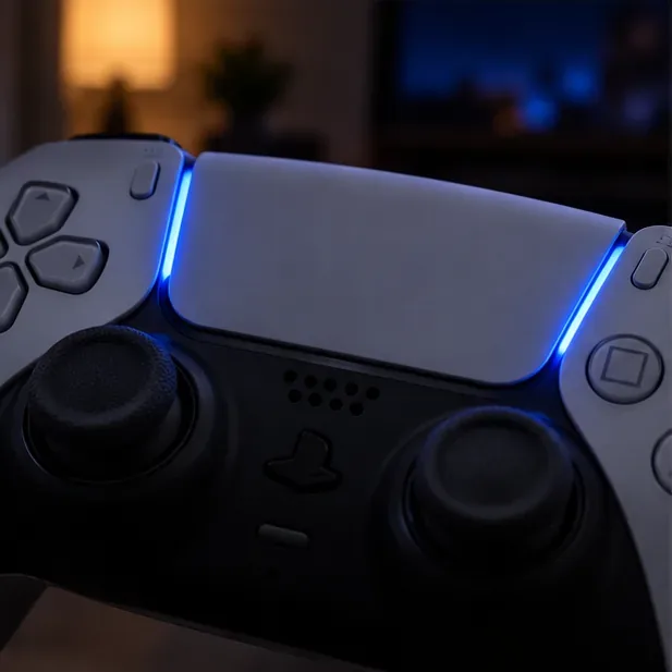 Close-up of the blue indicator lights beside the touchpad on a white-and-black controller.