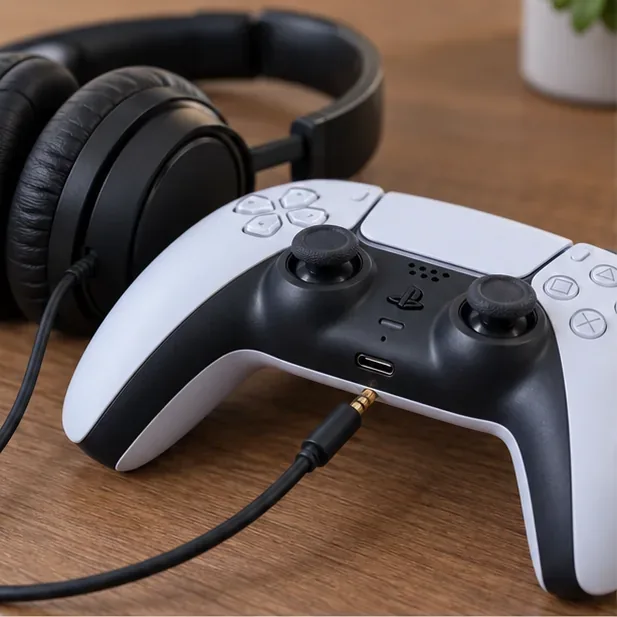 A wired headset plug is connected to the audio jack on the lower edge of a DualSense-style controller.