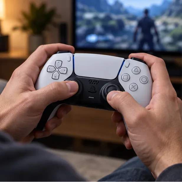 A player holds a DualSense-style controller with fingers on the triggers while gaming.