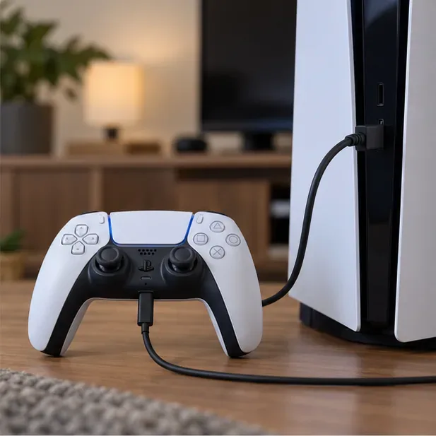 A DualSense-style controller connected by USB-C to a PS5 console for a wired connection test.