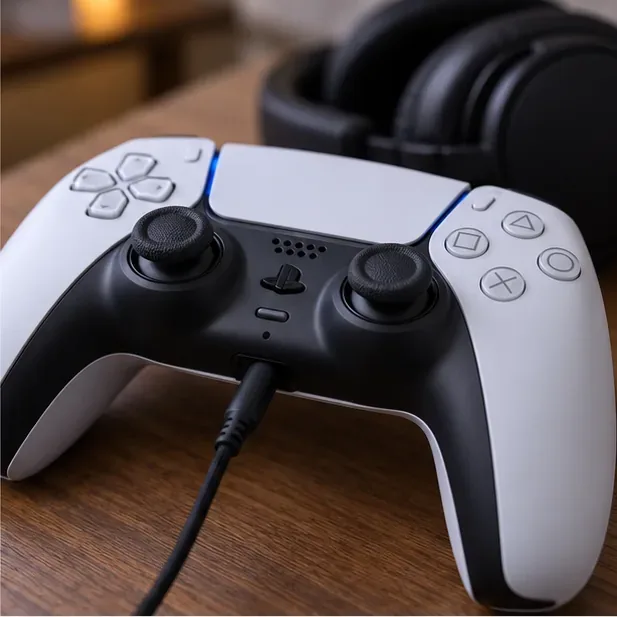 A USB cable connects the front USB-C port of a DualSense-style controller for charging.