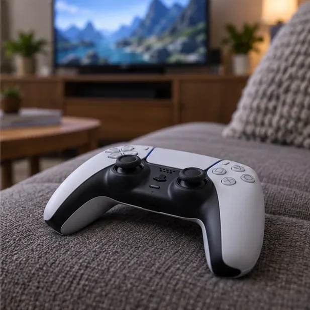 A DualSense-style controller rests unused on a sofa while a television is blurred in the background.