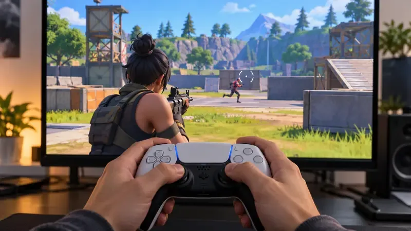 A player holds a controller while aiming at a moving target on a generic battle-royale practice monitor.