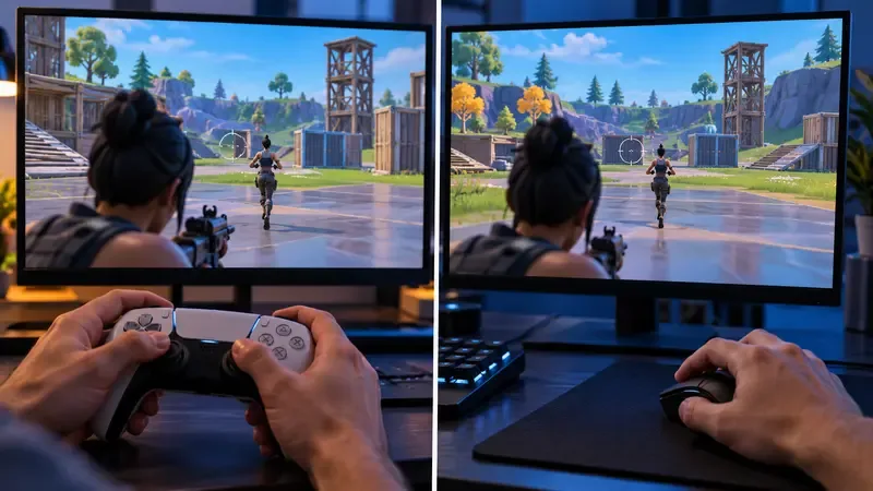Split view of a player using a controller on the left and a mouse on the right to aim at a target in the same practice arena.