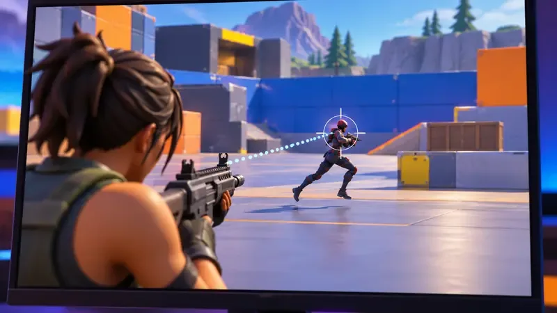 A reticle follows a running opponent across a colorful training arena, with a dotted line showing the illustrative tracking path.
