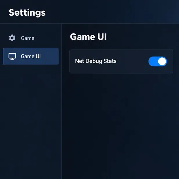Fortnite Settings with the Game UI tab selected and Net Debug Stats switched on.