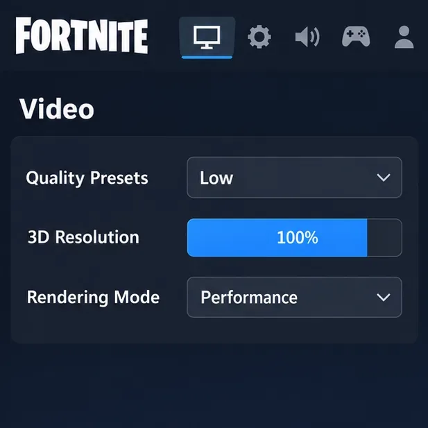 Fortnite Video settings showing Quality Presets Low, 3D Resolution 100%, and Rendering Mode Performance.