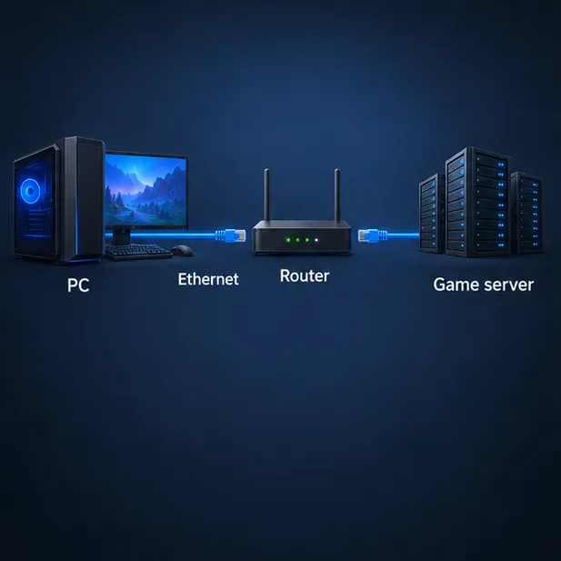 A PC connected by Ethernet to a router, with the router linked to a game server.