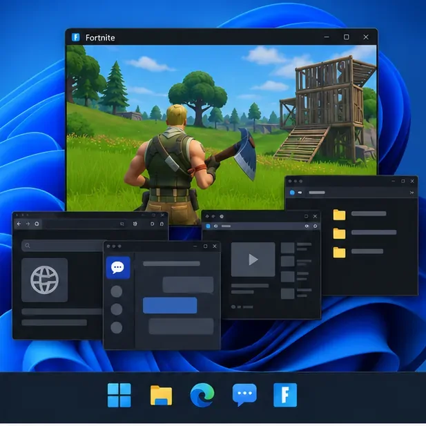 Fortnite running while several generic desktop apps are open in the background.