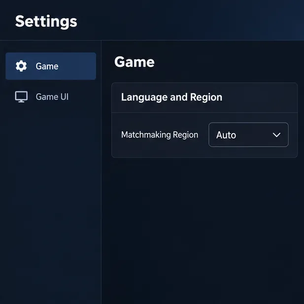Fortnite Settings showing Game, Language and Region, and Matchmaking Region set to Auto.