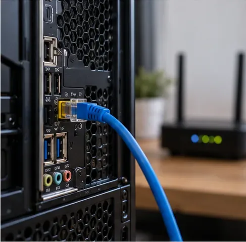 An Ethernet cable connects to the back of a gaming PC, with a home router in the background.