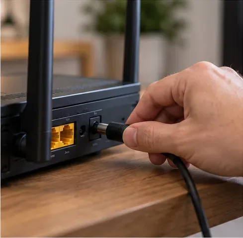 A hand reconnects the power cable to a home router during a network restart.