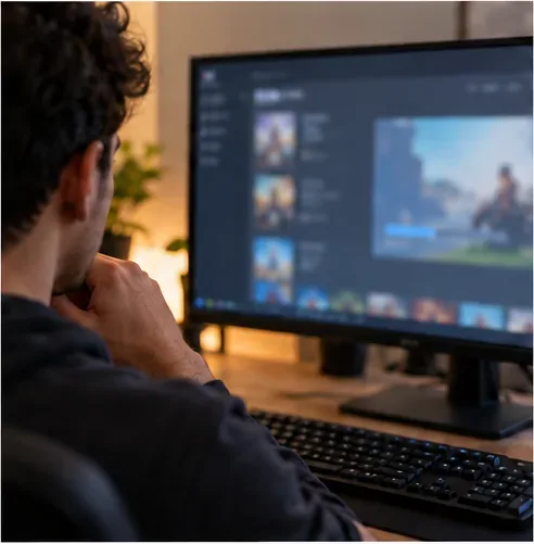 A PC gamer inspects a game launcher window with the displayed interface softly blurred.