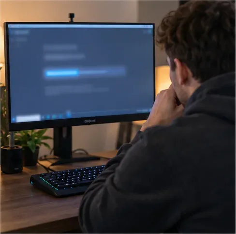 A PC gamer watches a blurred progress bar during a game installation or repair.