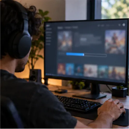 A PC player watches a game launcher update panel with the screen text blurred.