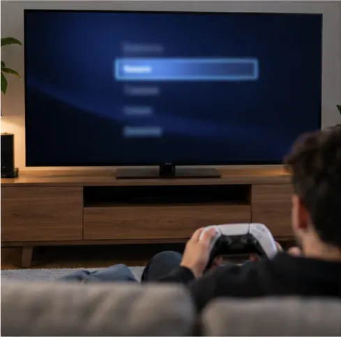 A player holds a controller while looking at a blurred console system menu.
