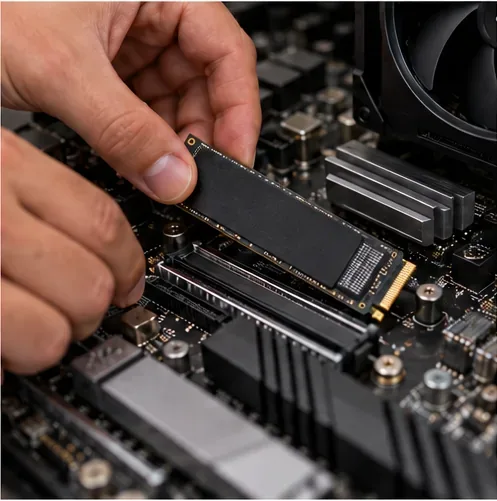 A close-up of an M.2 solid-state drive being positioned above a desktop motherboard.