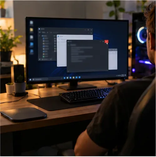 A desktop gaming setup with several open windows while a player prepares a clean launch.