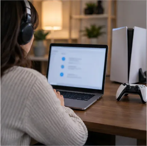 A player checks home network settings on a laptop beside a game console.