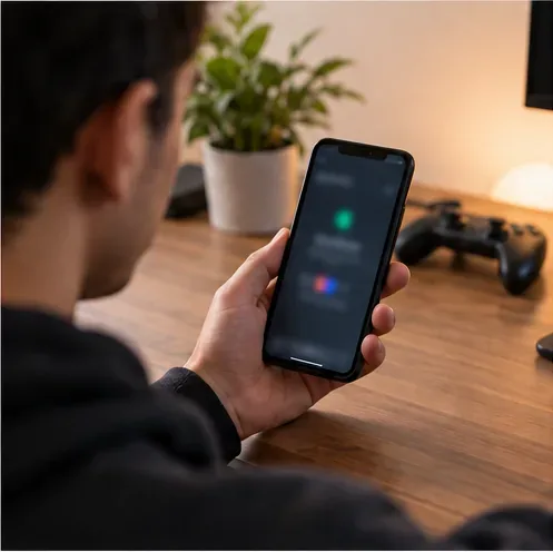 A player checks a blurred status page on a phone before troubleshooting GTA Online.