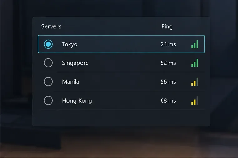 Illustrative server selection list showing Tokyo, Singapore, Manila, and Hong Kong with ping values.