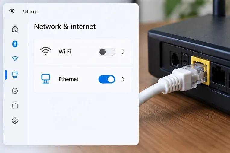 Windows network settings showing Ethernet enabled and Wi-Fi off beside a cable plugged into a router.