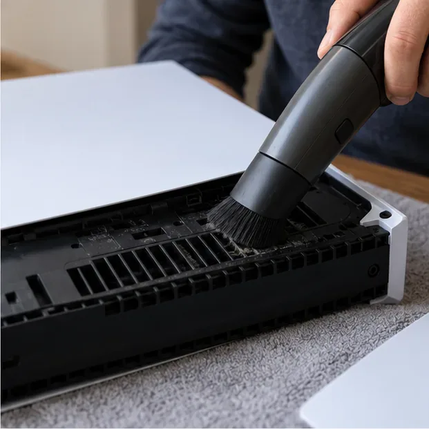 A handheld vacuum removing dust from the area beneath a removed PS5 cover.