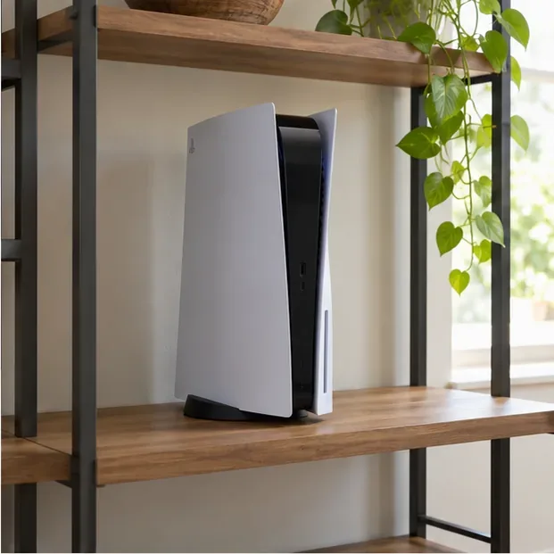 A PS5 standing on an open shelf with clear space around the console.