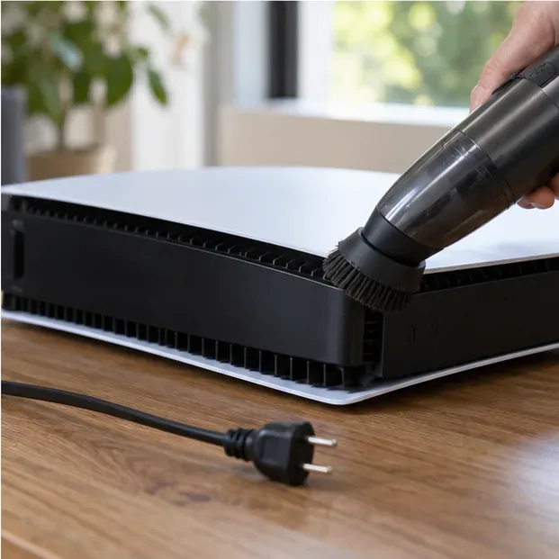 A switched-off PS5 with its power cable unplugged and outer covers resting on a cloth.