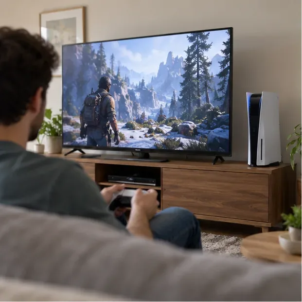 A PS5 beside a television as someone plays a visually detailed game.