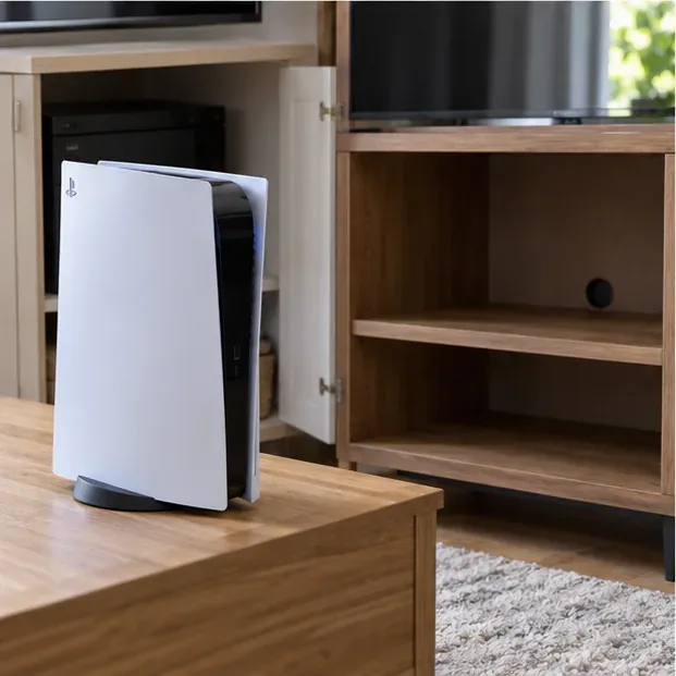A PS5 on a clear table in front of an open, empty media cabinet.