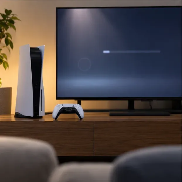 A PS5 and controller beside a television with an indistinct dark screen.