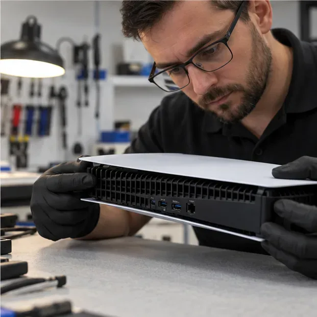 A repair technician inspecting the exterior vents of a PS5 at a service bench.