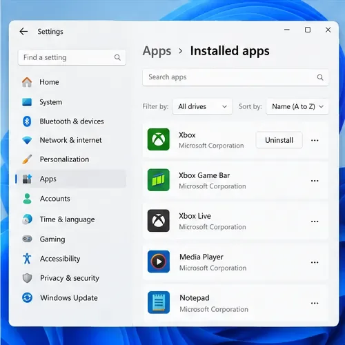 Windows 11 Installed apps list with the Xbox app selected and an Uninstall control.