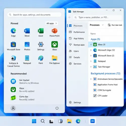 Windows Start menu beside Task Manager with Xbox listed among running apps.