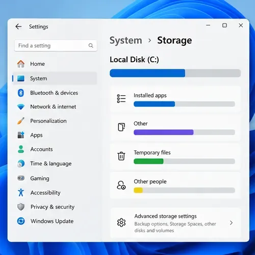 Windows 11 Storage settings page showing local drive usage and Advanced storage settings.