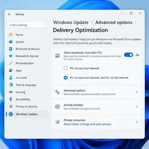 Windows 11 Delivery Optimization page reached from Windows Update Advanced options.
